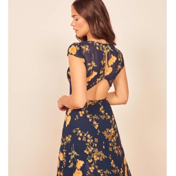 Reformation Floral Midi Dress in Navy and Yellow - Picture 3 of 8